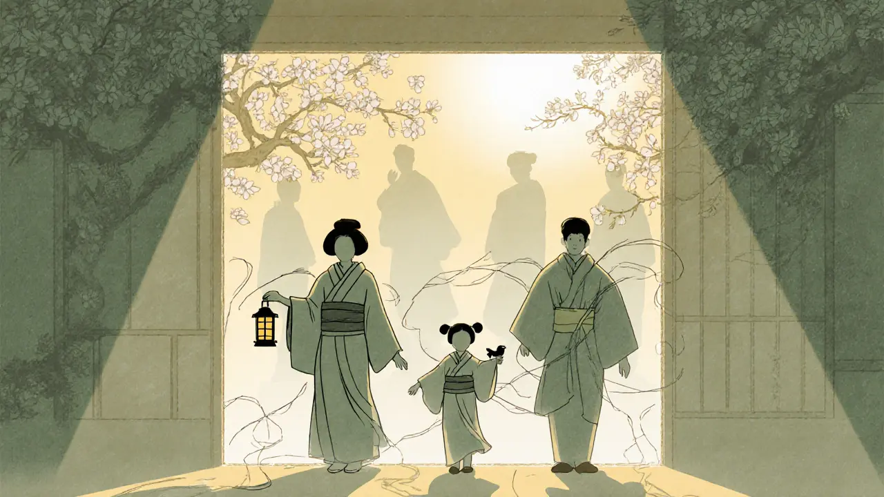 Rodina vychází do zahrady, dříve spojené linky se rozplétají, dcera jde svobodně s ptáčkem na rameni.