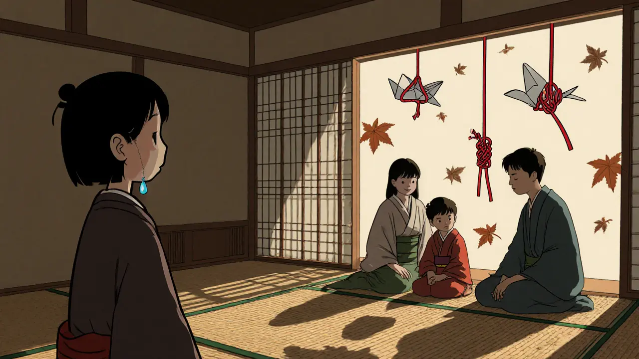 Terapeut pozoruje rodinu v tradičním pokoji, emoce se projevují jako červené uzly a papírové žáby.