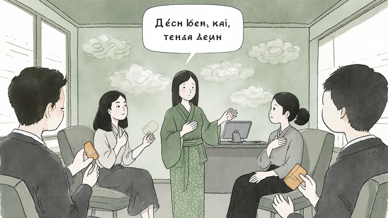 Terapeut vyučuje skupinu partnerů, kteří drží symbolické žetony hranic v klidné místnosti.