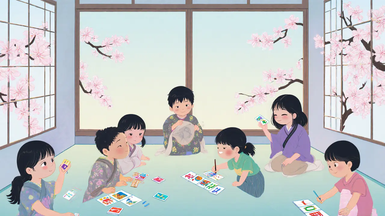 Tichá třída speciální školy s dětmi v klidných aktivitách a jemnými japonskými motivy.