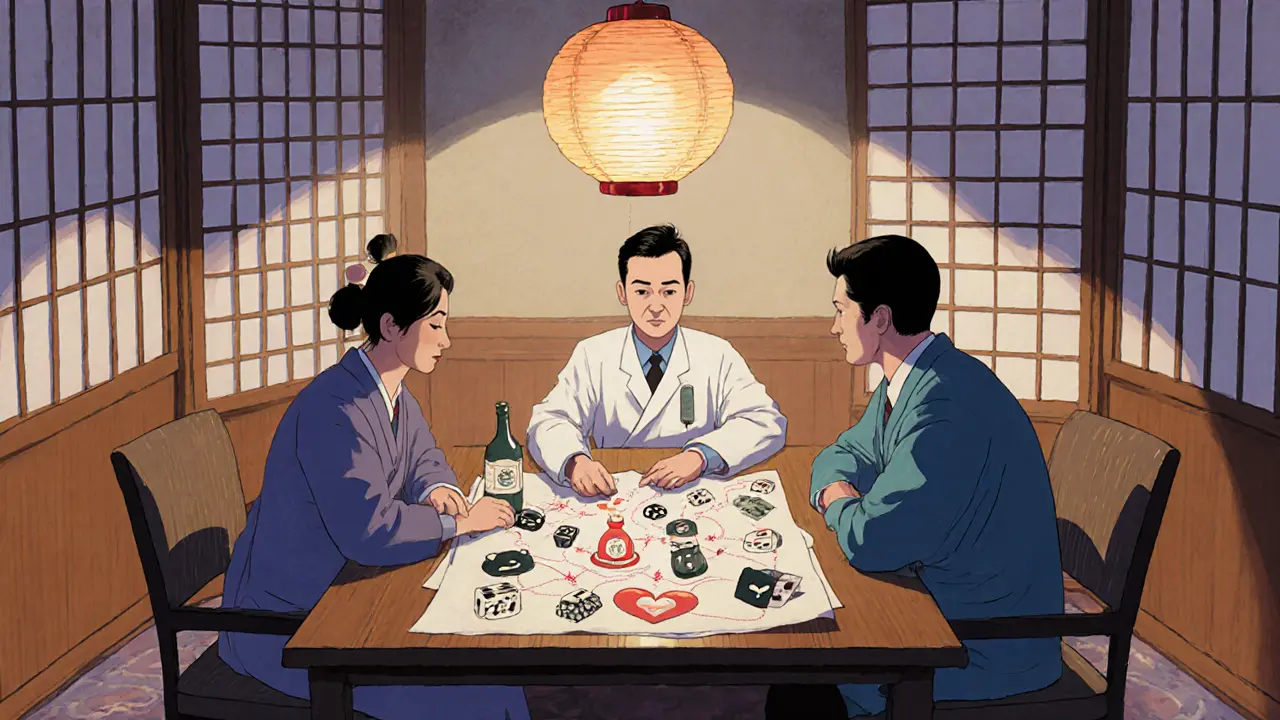 Tři lékaři společně pracují u stolu, kde symboly závislosti a duševních poruch jsou spojeny kreslenými čarami.