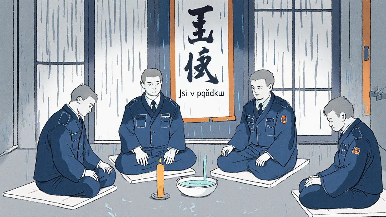 Tým záchranářů se setkává v klidné místnosti s papírovými lampami a deštěm za oknem.