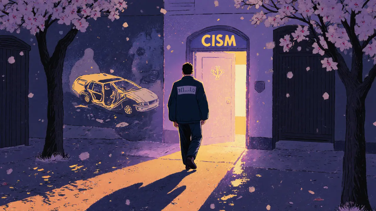 Záchranář jde domů, za ním se jeví stín auta havárie, před ním svítí cesta k CISM.