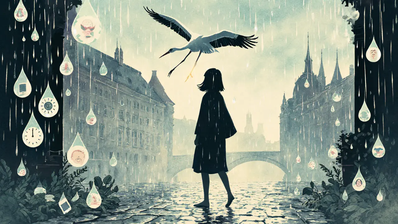 Žena chodí bosá deštěm, kapky deště mění myšlenky v listy, kránek létá nad ní v klidném nebi.