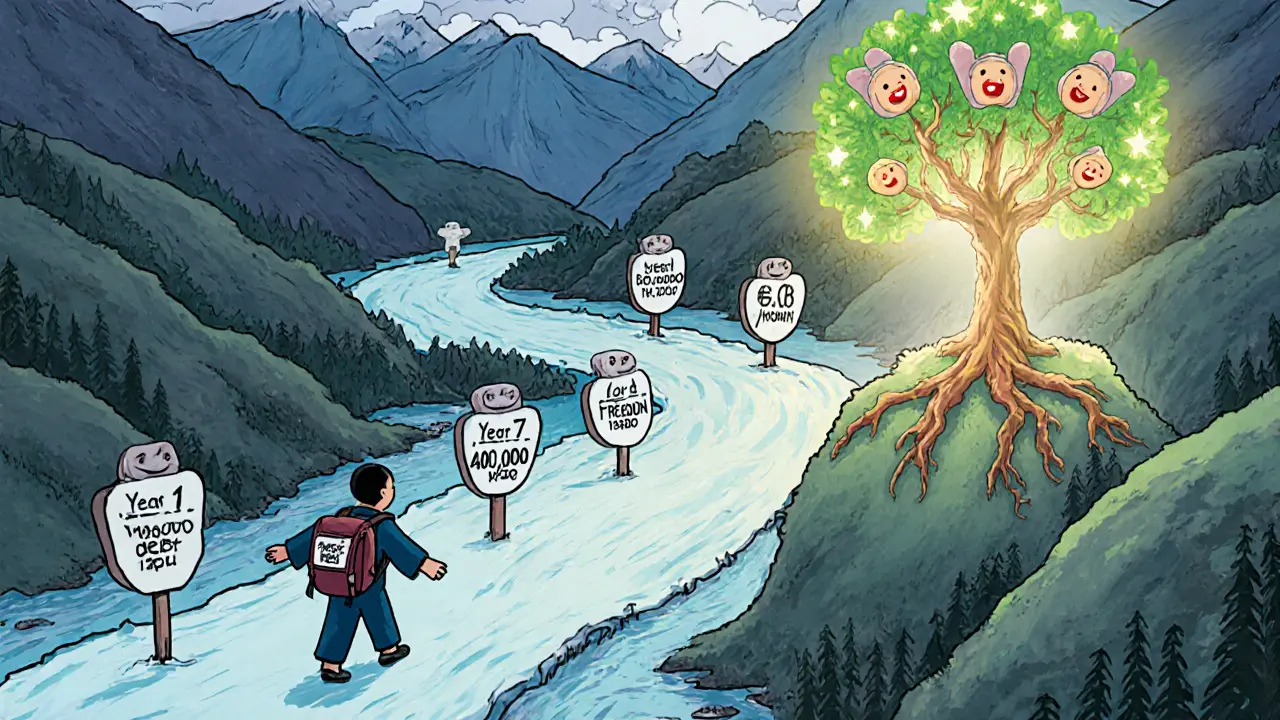 Cesta sedmi let přes horu, kde dluh přemění na svobodu.