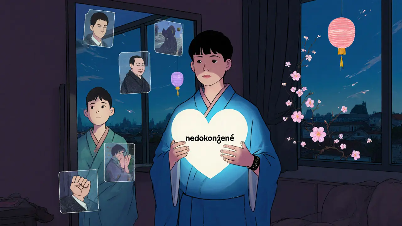 Člověk před zrcadlem, jeho odraz drží světelné srdce, kolem něj plavou vzpomínky a digitální sledování dechu.