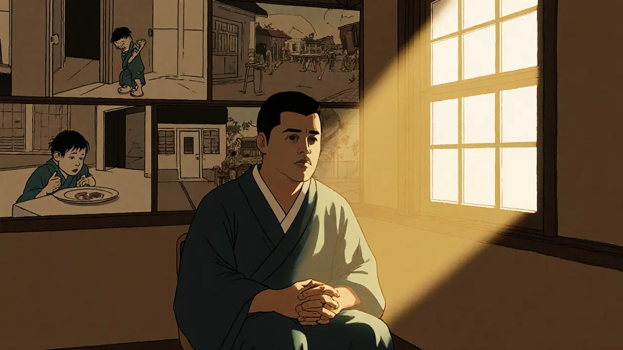 Dospělý v terapii, za ním se jeví vzpomínky z dětství jako průhledné tisky.