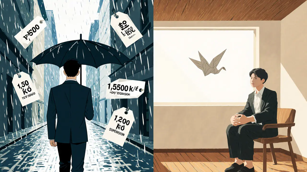 Dvě scény: jedna s dluhy v dešti, druhá s terapeutem v klidné místnosti.