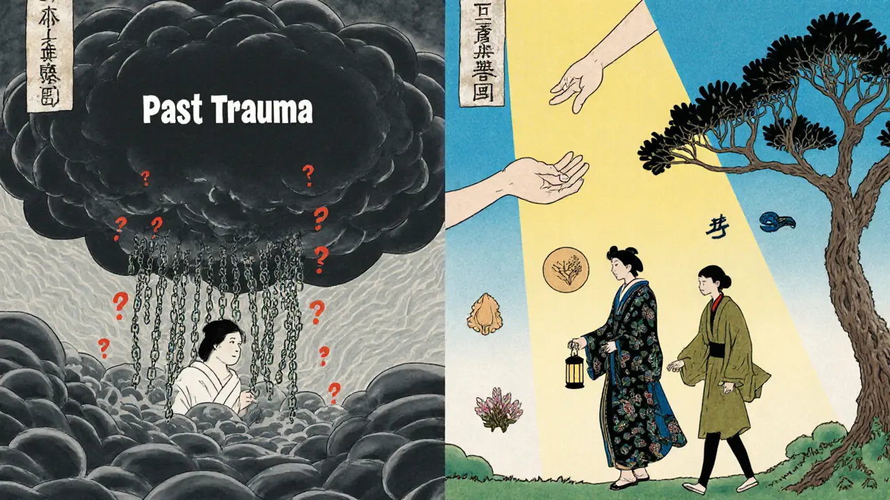 Dvě strany jedné osoby: jedna zničená větrem otázek, druhá osvobozená světlem a podporou.