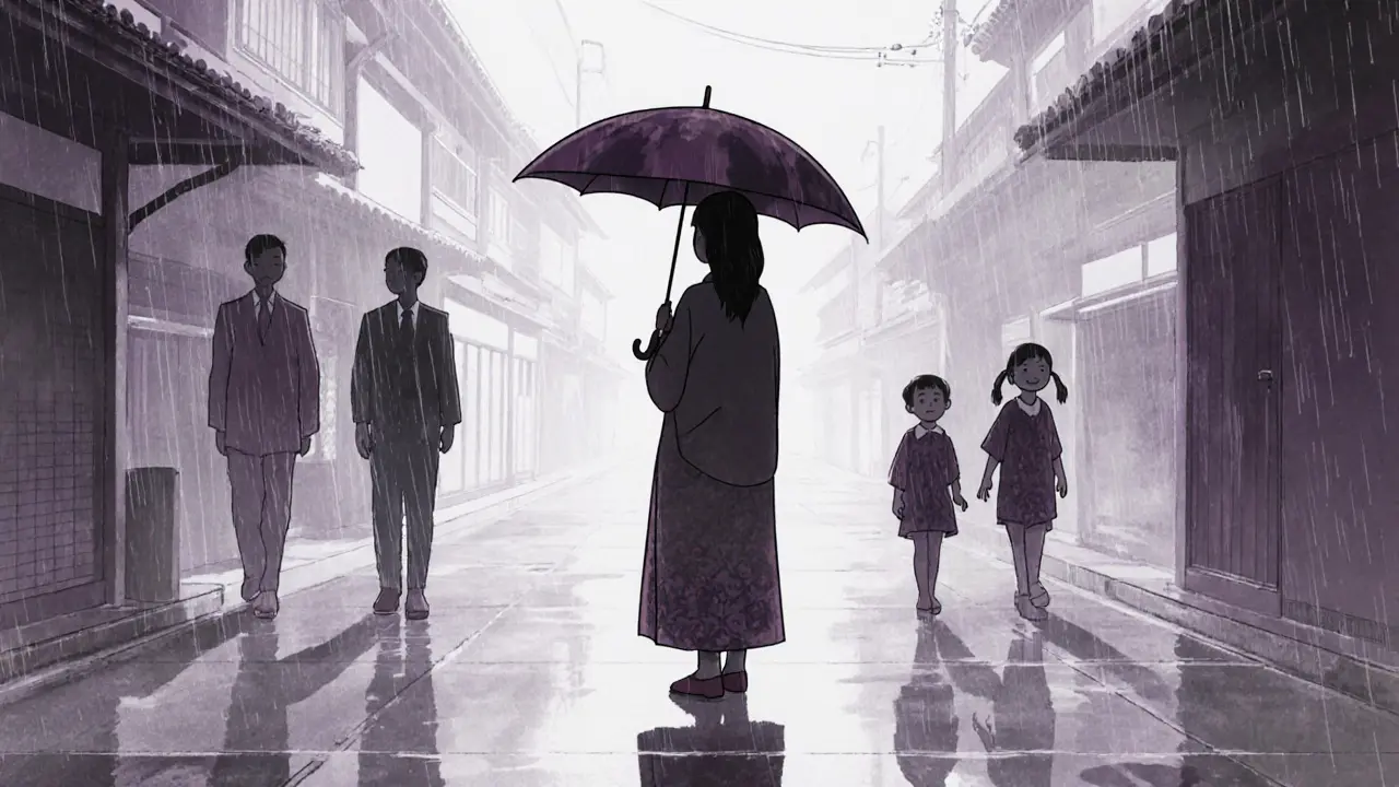 Matka stojí v dešti, rodina za ní se mění — syn jde do školy, otec se obrací.