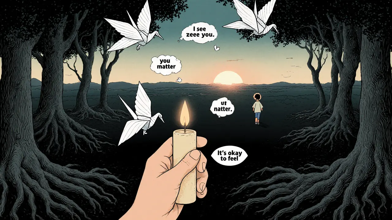 Ruka drží svíčku, z ní vzlétají papírové žáby se slovy útěchy, na horizontu dítě jde vpřed.