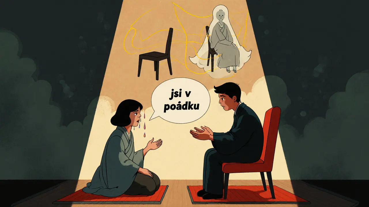 Terapeut a klient sedí na mati, nad nimi plavou dvě židle s duší rodiče a zlatými slovy.