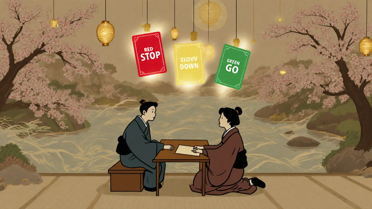 Terapeut a klient sedí u stolu, nad nimi tři barevné karty symbolizující tempoterapie.