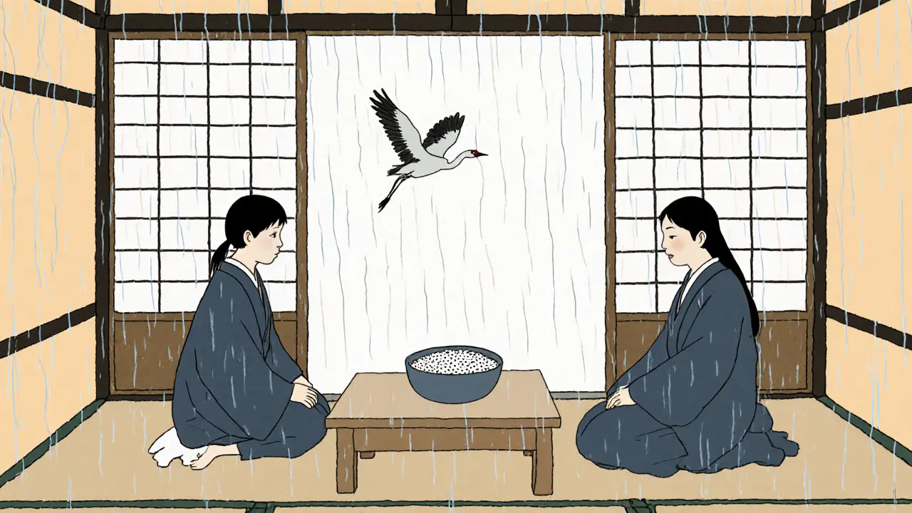 Terapeut a pacientka sedí u stolu s nepožitou míchou rýže, za oknem déšť a pták.