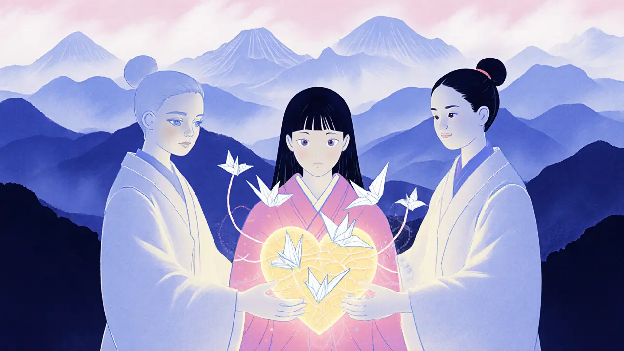 Tým lékařů drží zářící nit, která spojuje srdce pacientky tvořené origami žáby.