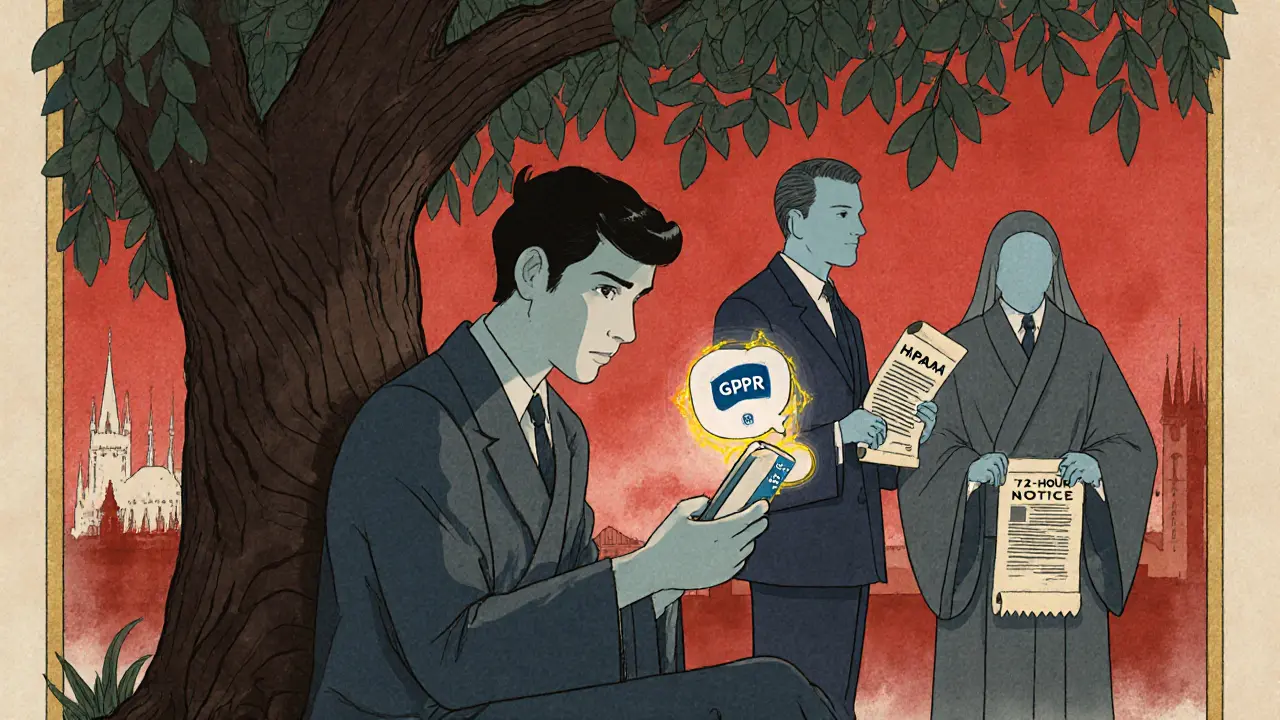 Cestovatel v Praze drží telefon s GDPR značkami, za ním se objevují dva symbolické obrazy zákona.