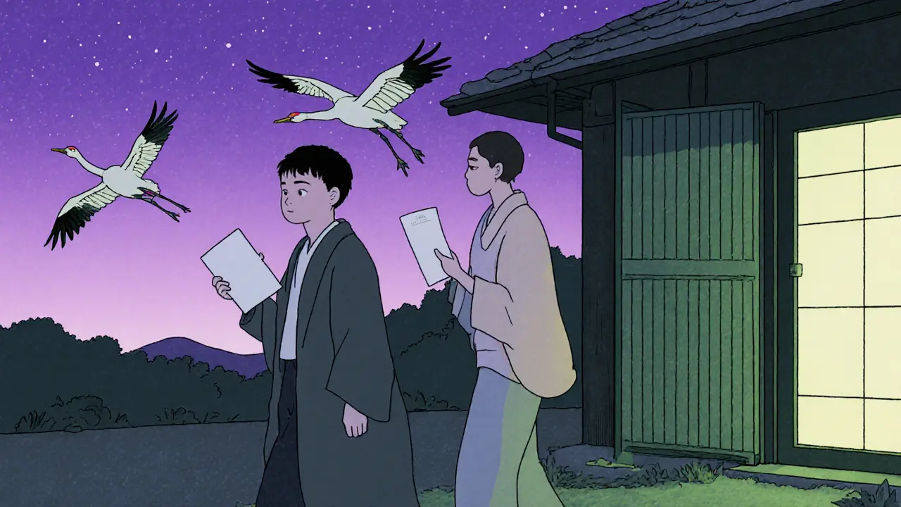 Klient jde domů, za ním zavírá sezení, dva žuraví létají v nebi.