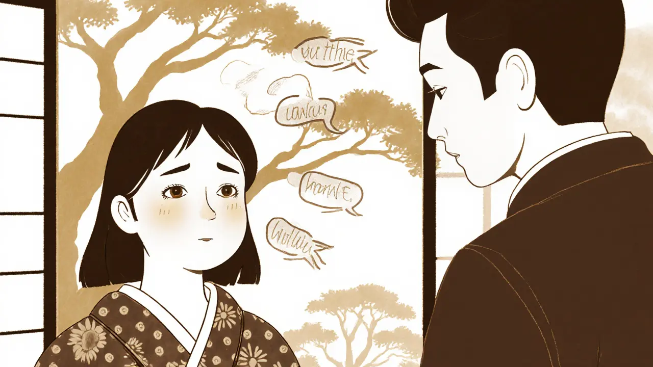 Klient pláče, jeho slova jsou kreslené čínskými štětci, terapeut naslouchá.