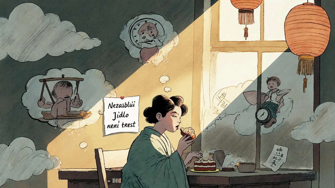 Osoba jí šálek dortu, kolem ní létají myšlenky, ale světlo osvětluje zprávu: jídlo není trest.