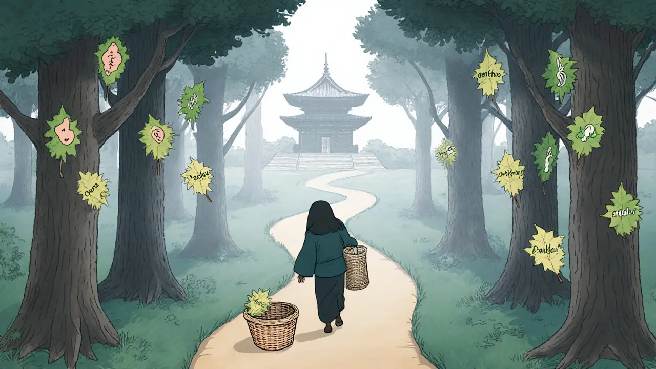 Osoba sbírá listy s emocemi na cestě lesem, v pozadí je chrám jako symbol terapie.