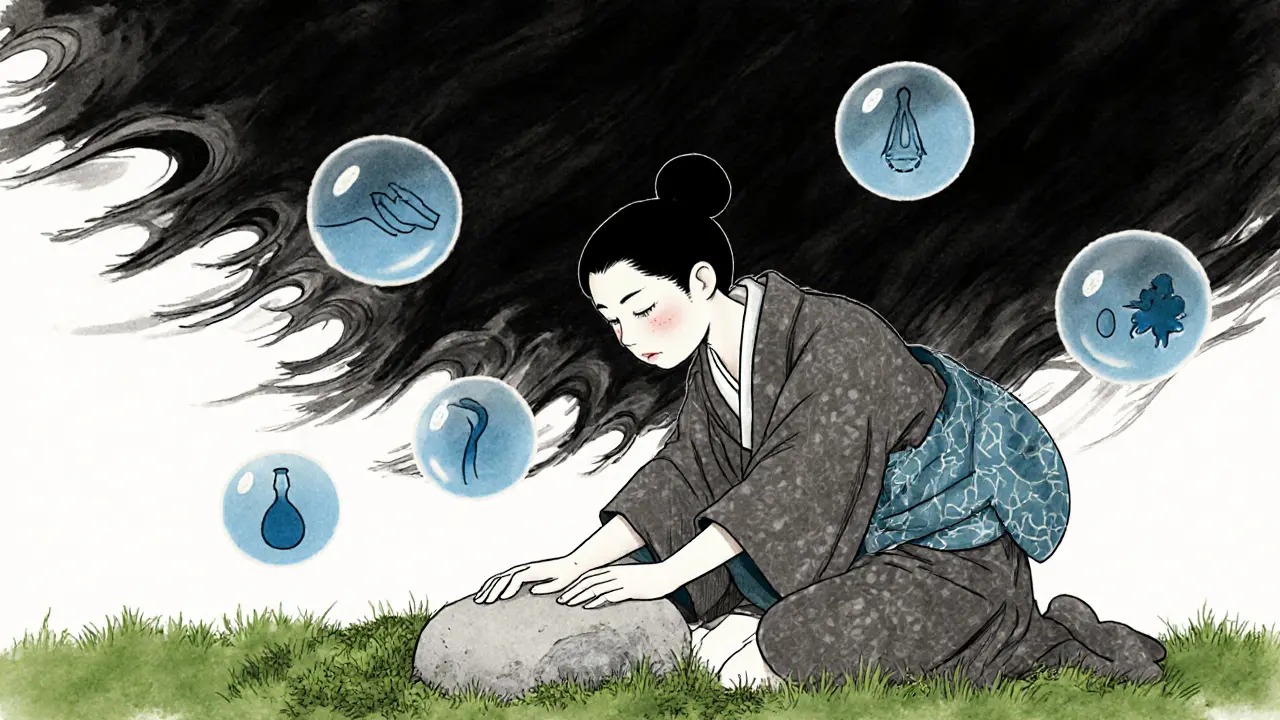 Osoba se zemědělením, dotýkající se kamene, s pěti průhlednými koulemi kolem hlavy.