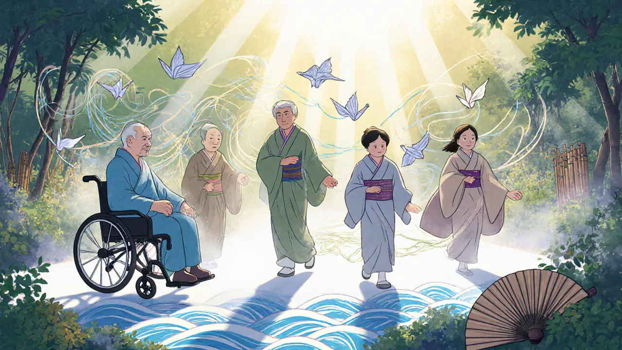 Různí lidé se pohybují v zahradě, jejich pohyby jsou znázorněny proužky světla a symbolů.