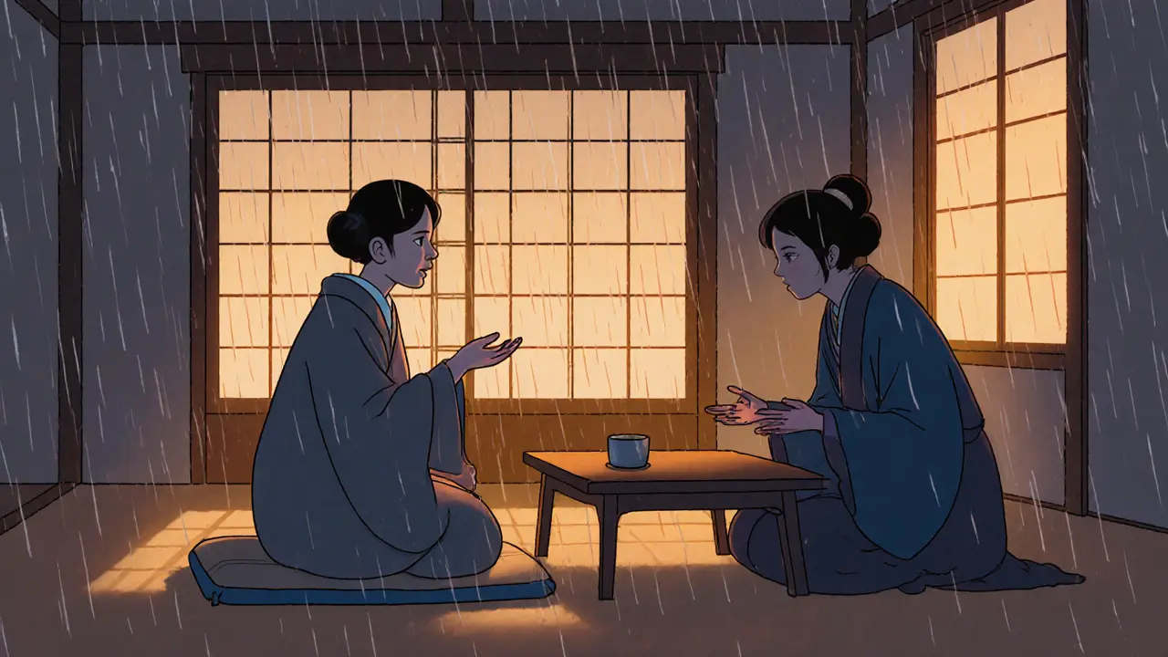 Terapeut a klient v klidné místnosti, kde terapeut poslouchá s otevřenými rukama