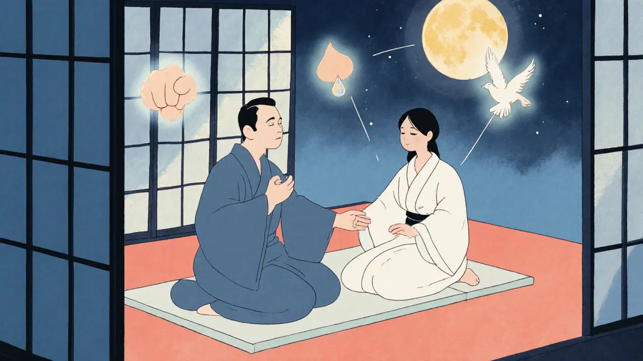 Terapeut a klient v klidné místnosti, pohyby těla vytvářejí symboly emoce v ovzduší.