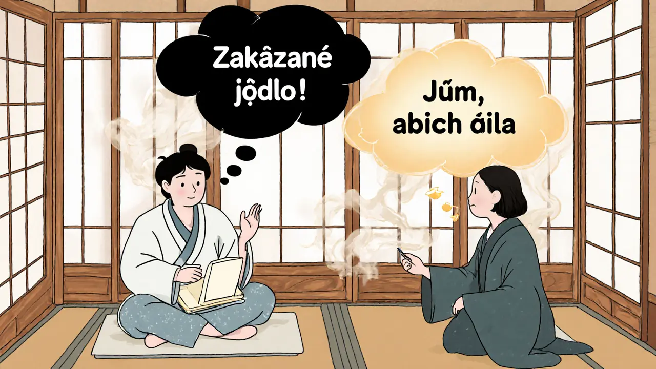 Terapeut a pacient v tradičním prostředí, myšlenky v oblacích ukazují konflikt mezi strachem a uzdravením.