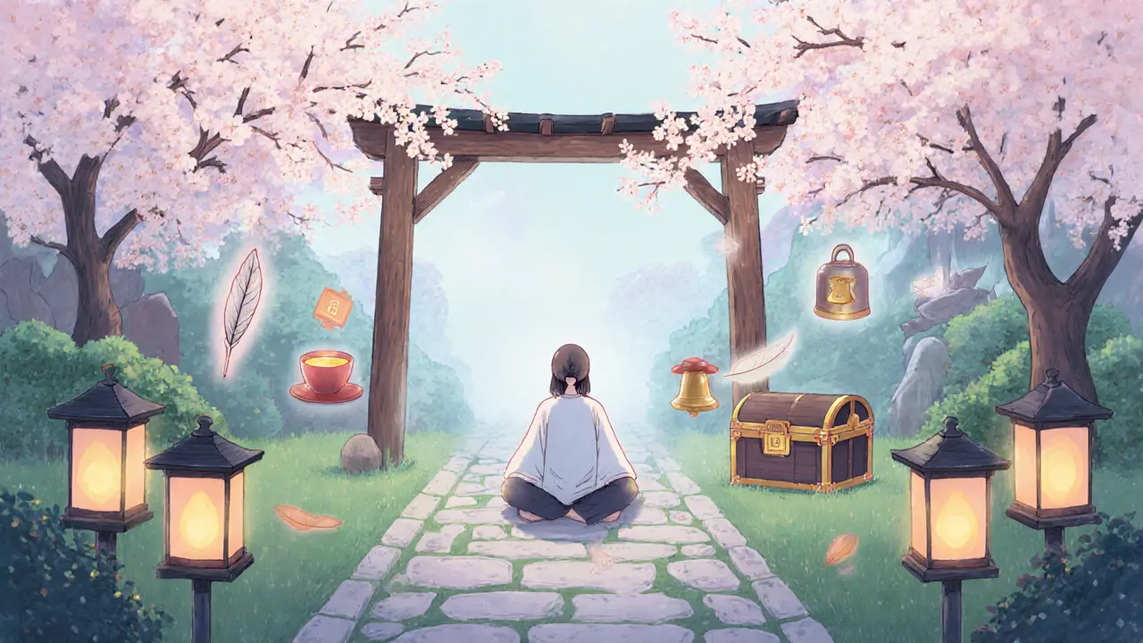 Vnitřní bezpečné místo jako klidná zahrada s lucernami a kvetoucími višněmi.