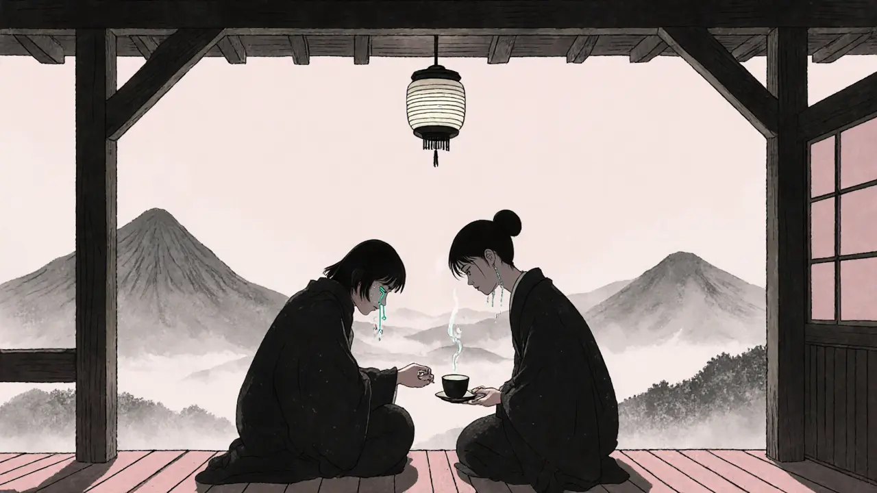 Dvě osoby sedí na verandě, jedna pláče, druhá jen podává čaj — za nimi mlhavá hora a lampion.