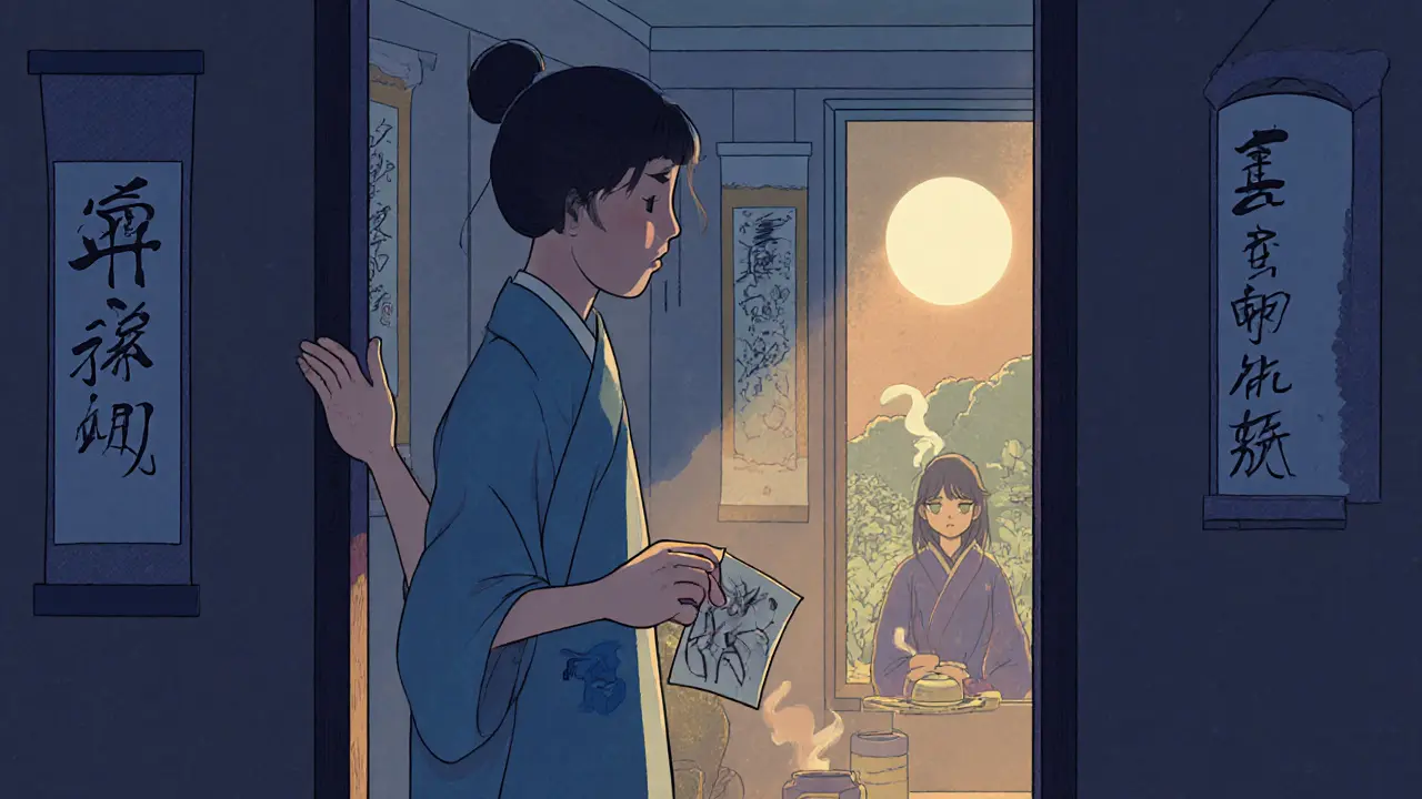 Osoba stojí u dveří terapie, ruka na rámu, v pozadí je klidná místnost s teou a zahradou.