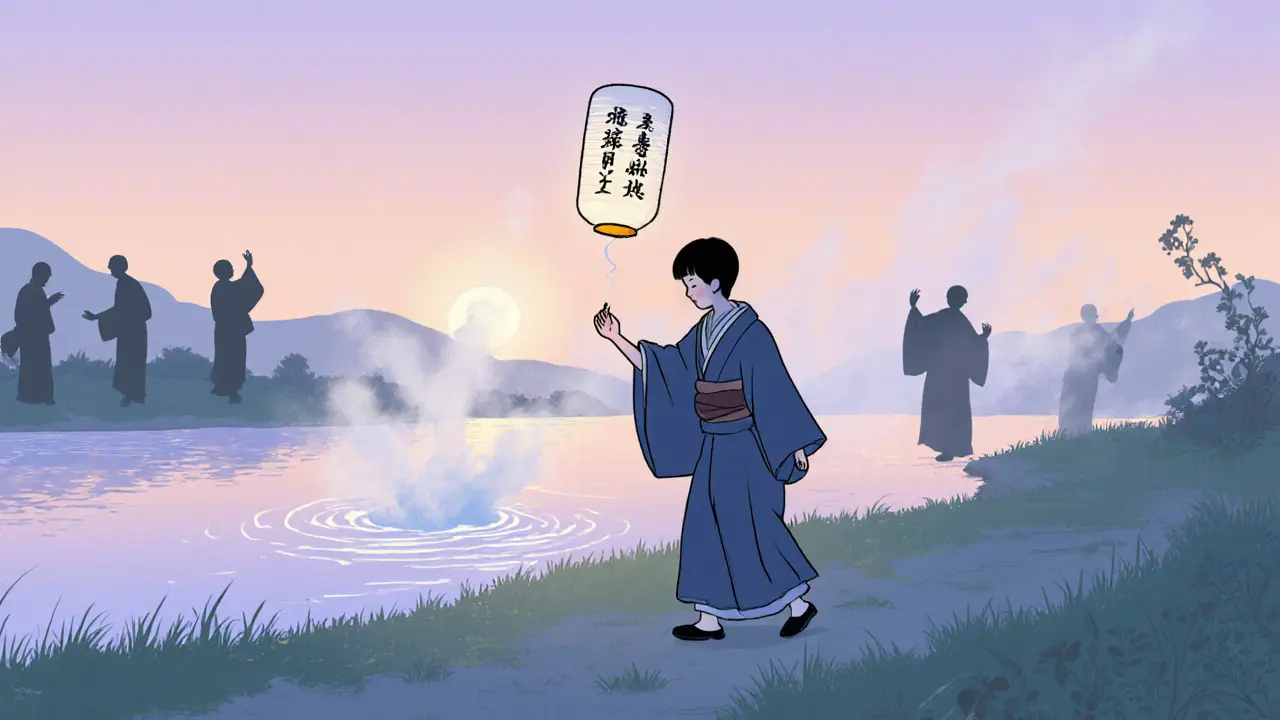 Osoba u řeky uvolňuje papírovou lampionu, zatímco stíny minulosti mizí v mlze.