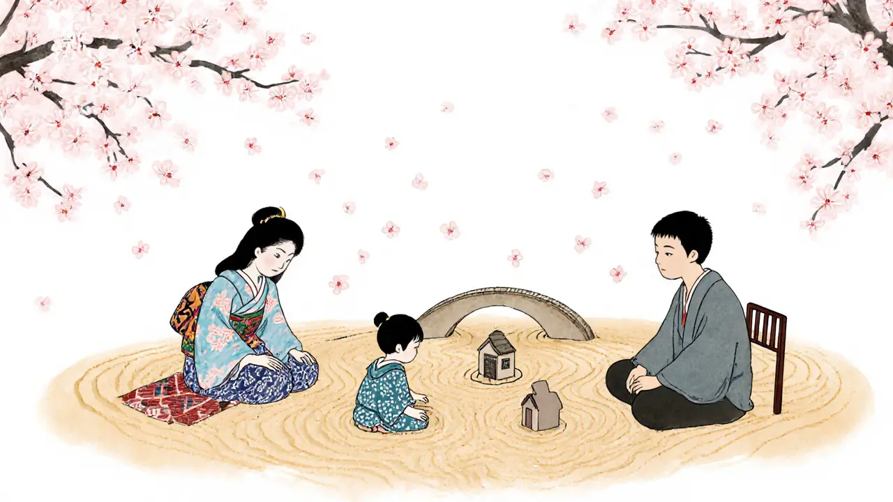 Rodina společně vytváří scénu v písku – dům, odvrácená postava a most mezi nimi.