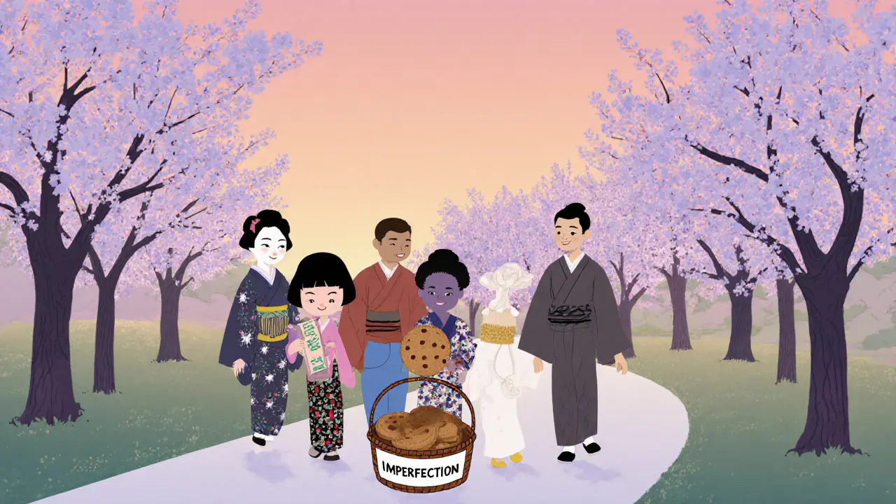 Skupina lidí kráčí cestou, jeden z nich odloží cukroví do koše s nápisem &#039;Nedokonalost&#039;.