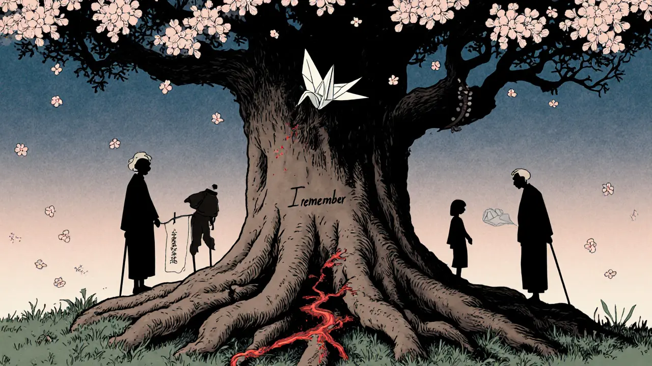 Strom s kořeny jako ruce, větve jako rodina, jedna kořenová větev krváčí, nad nimi létá origami žába.