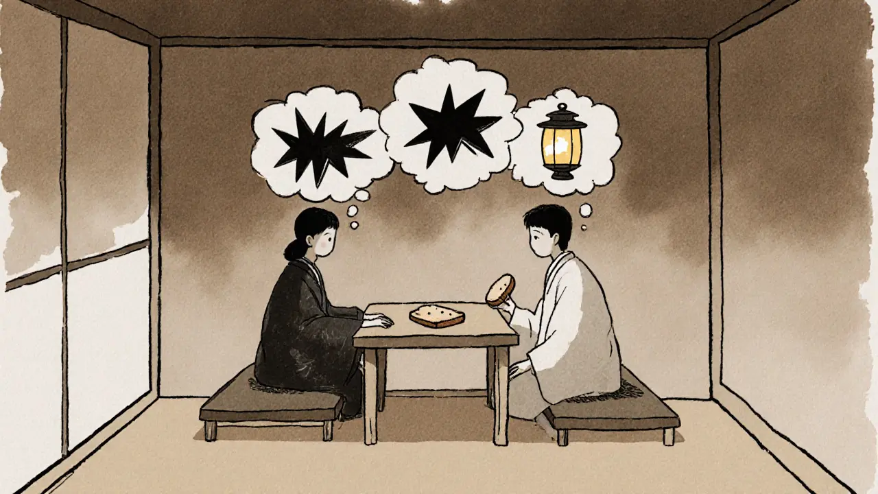 Terapeut a pacient sedí u stolu, nad jejich hlavami se vynořují temné myšlenky a jedna svítící lampion.