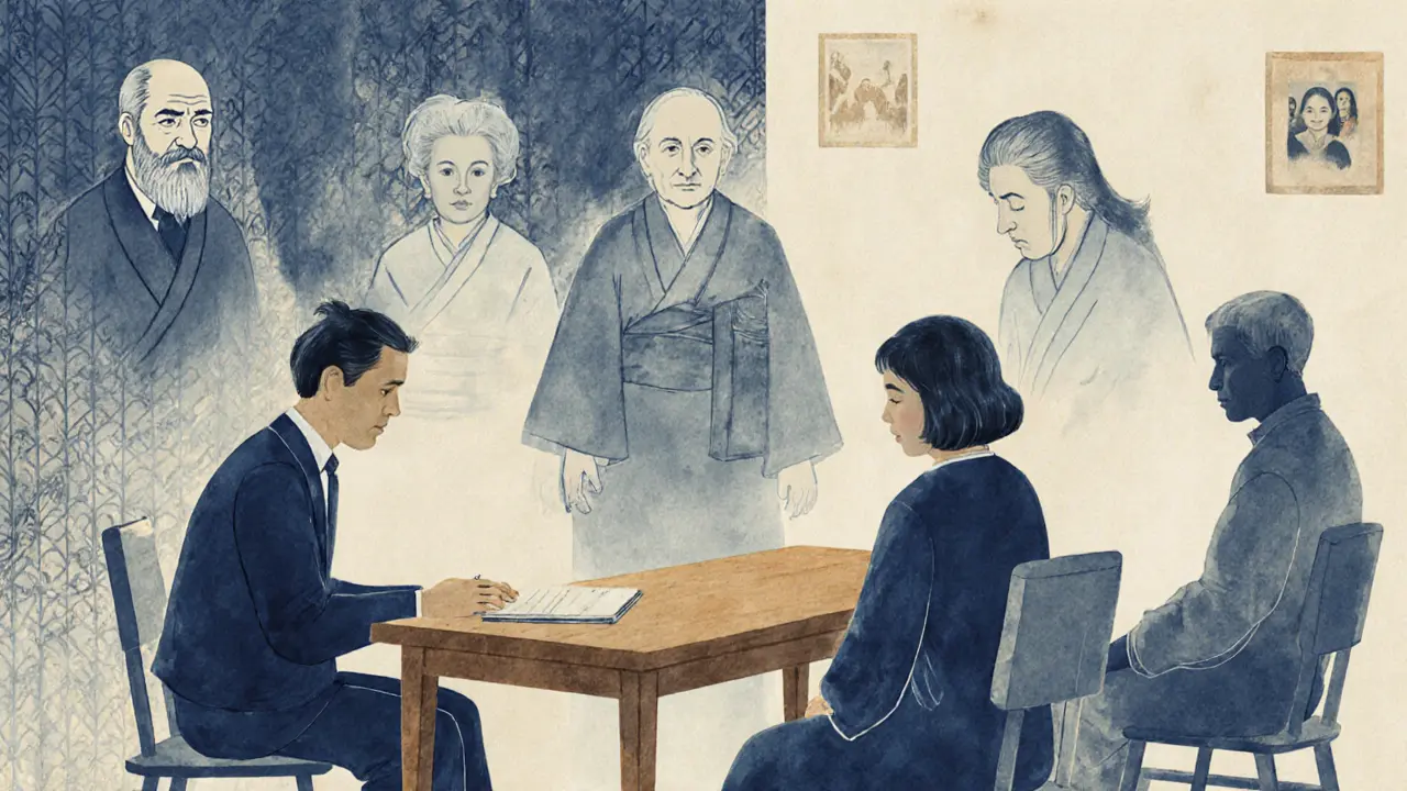 Terapeut u stolu s průhlednými postavami předků, rodina sedí napjatě, obrazy na zdi se mísí s příběhy.