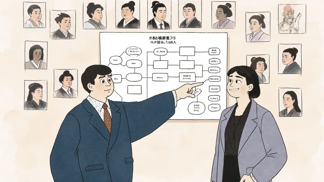 Zkušený autista učí nového kolegu pomocí vizuálního plánu v kanceláři.