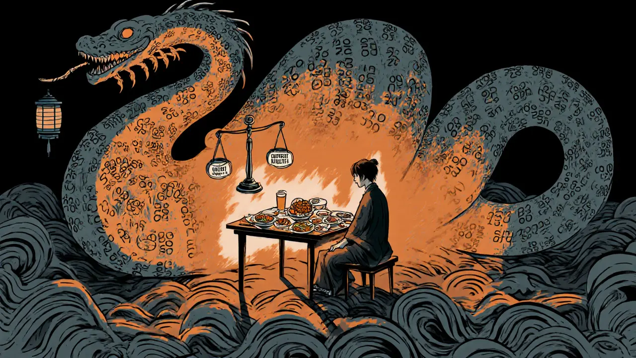 Člověk sedí u stolu s nepožíranou jídlem, jeho stín se mění v hada z kalorií.