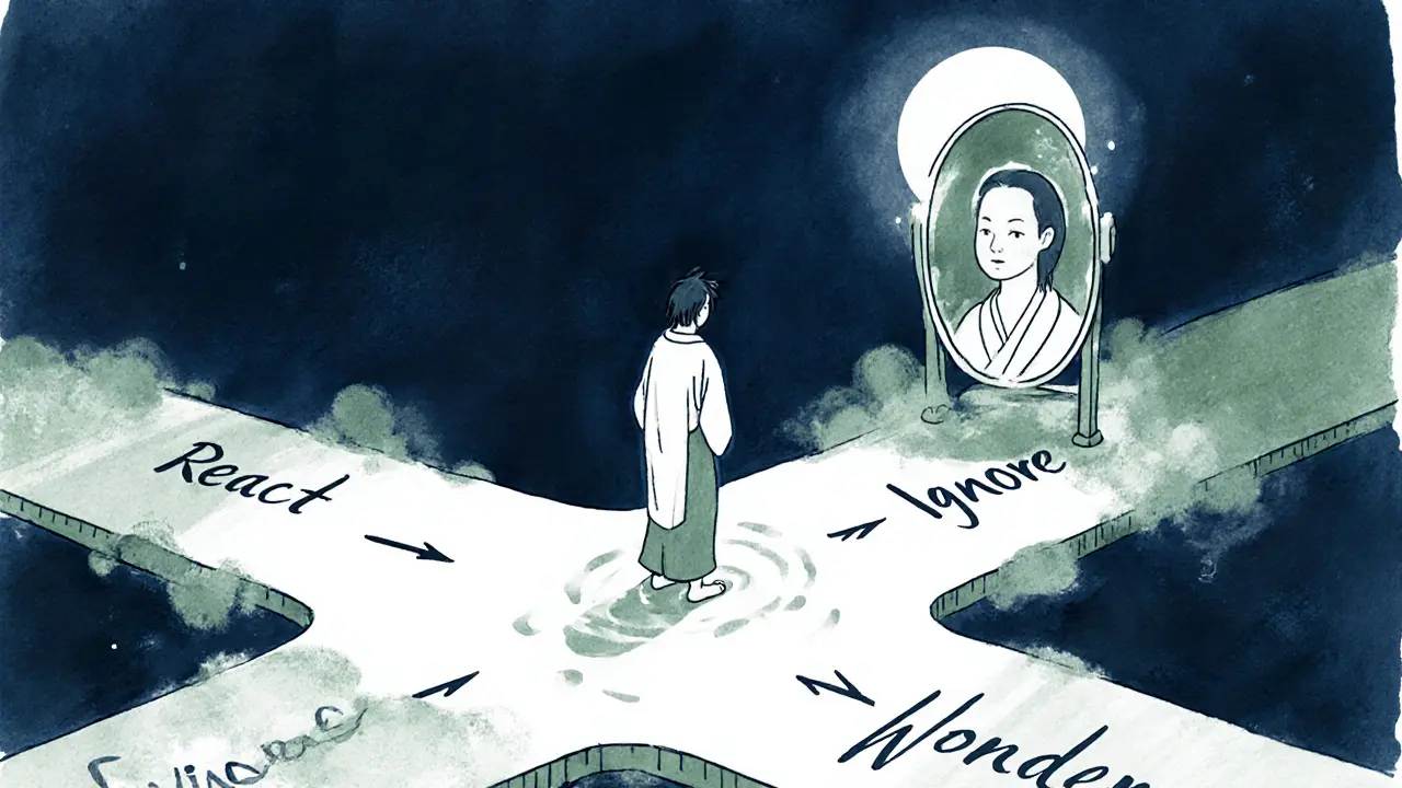 Člověk stojí u křižovatky s třemi cestami: reagovat, ignorovat nebo přemýšlet.