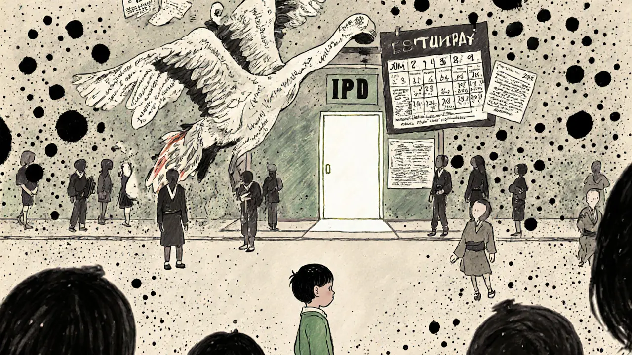 Dítě stojí v škole, kde ho obklopuje chaos, ale pták z něj vynáší k dveřím podpory.