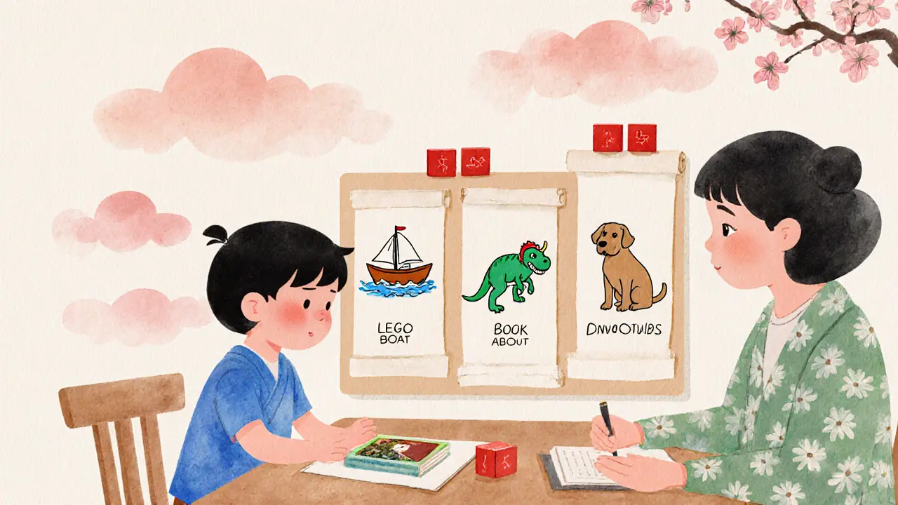 Dítě vybírá odměnu z tří obrázků: kniha, hračka a mazlíček.