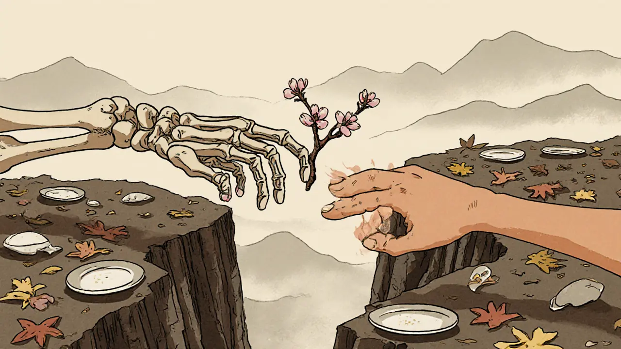 Dvě ruce se snaží spojit přes propast s rozbitými talíři, přes ní roste větev.