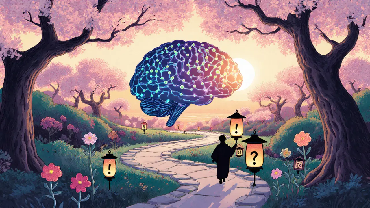 Mozek jako japonská zahrada s cestami myšlenek a květy empatie, osvětlený lanterami.