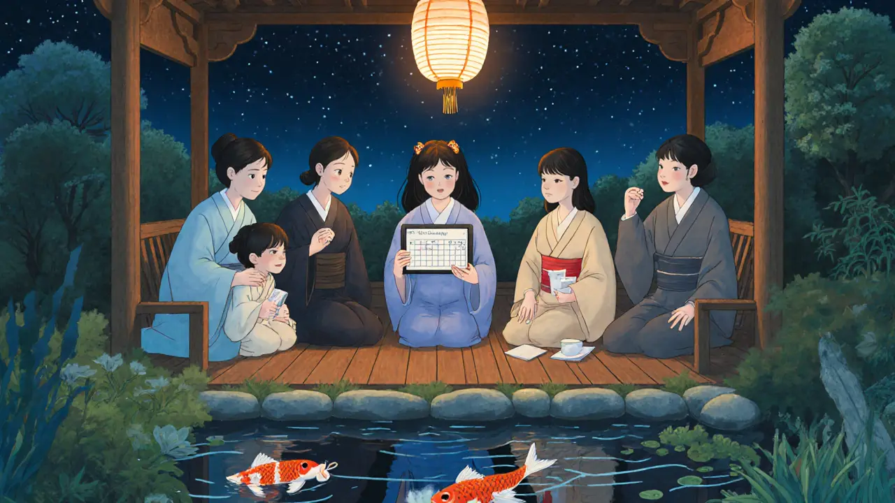 Skupina rodičů se setkává v zahradě, sdílí čaj a papíry s informacemi o podpoře dětí s autismem.