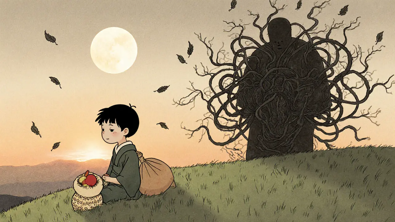 Dítě na louce drží jablko a ovesné vločky, temná rostlina představuje zácpu, měsíc nahoře.