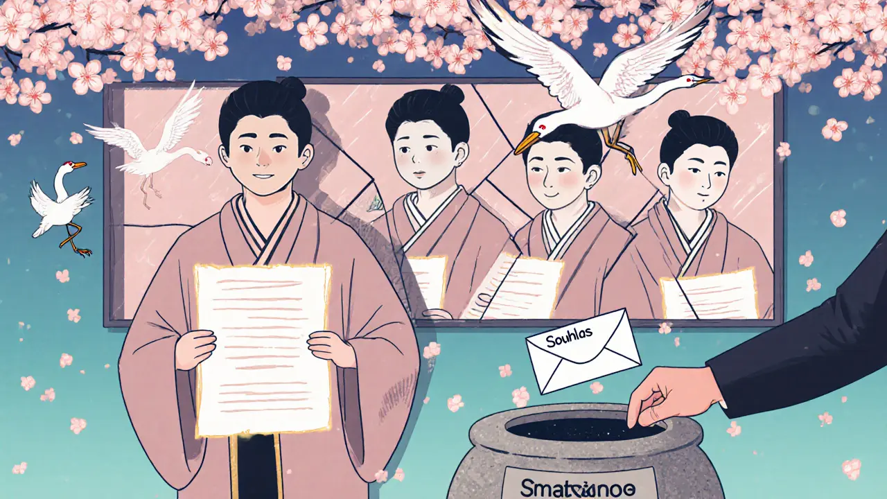 Klient drží vlastní nahrávku pod kvetoucími větvemi, zatímco terapeut ukládá záznam do urny s označením smazání.