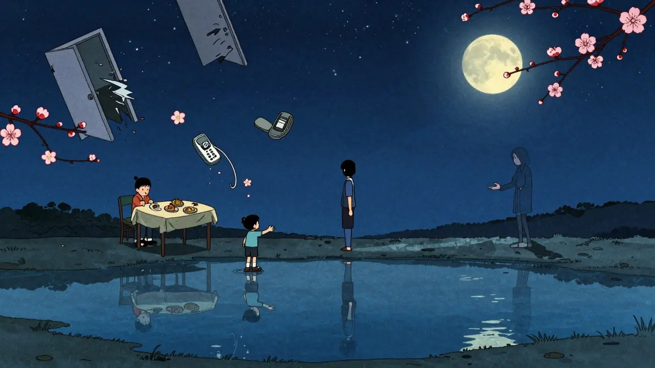 Osamělá osoba hledí do vody, kde se její odraz zobrazuje jako dítě, kolem ní rozpadajíce se konflikty.