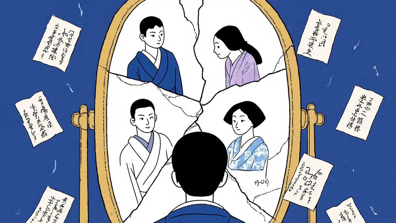 Osoba se dívá do rozbitého zrcadla, jehož odraz je rozdělen do čtyř scén z jejího života s dopisy kolem.